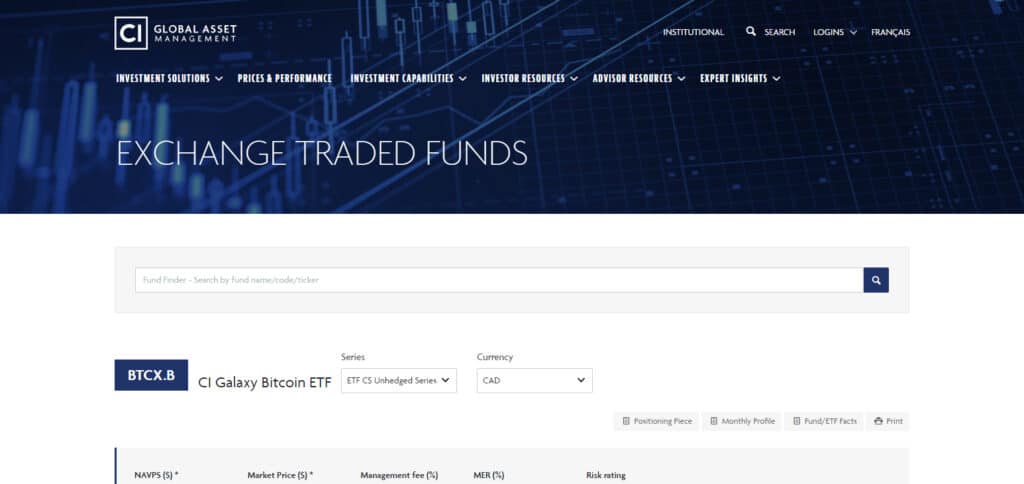 CI Galaxy Bitcoin ETF (BTCX) In Canada