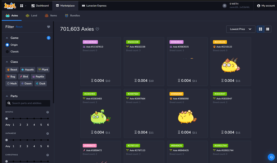 Once your account is set up, click on "Marketplace" and navigate to auction page where you can see available Axies for sale with filter options.