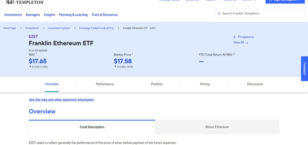 Franklin Ethereum ETF (EZET) Ethereum ETF