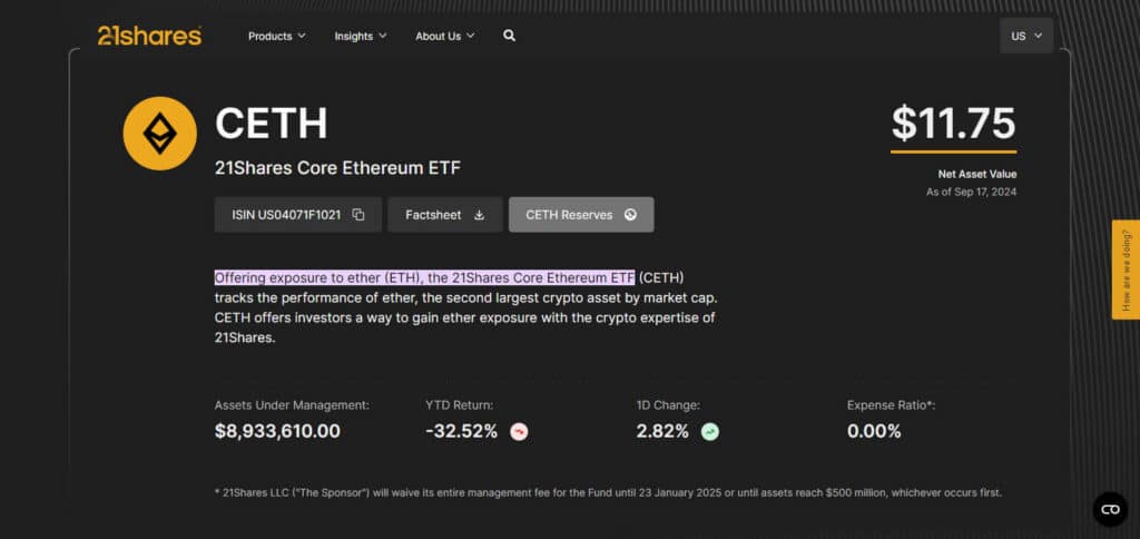 21Shares Core Ethereum ETF (CETH) Ethereum ETF