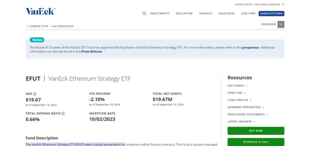 VanEck Ethereum Strategy ETF (EFUT) Ethereum ETF
