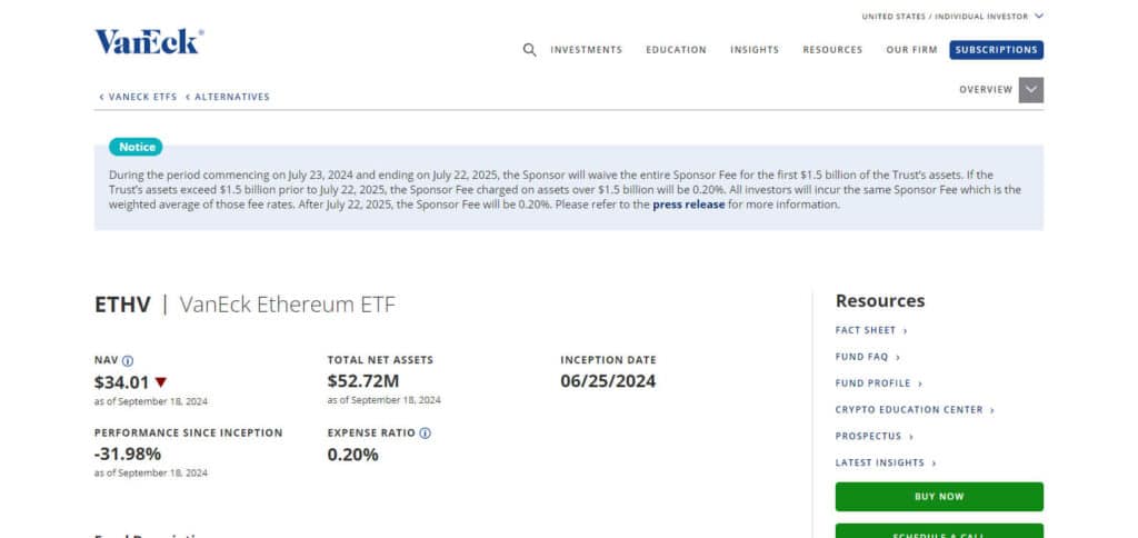 VanEck Ethereum ETF (ETHV) Ethereum ETF