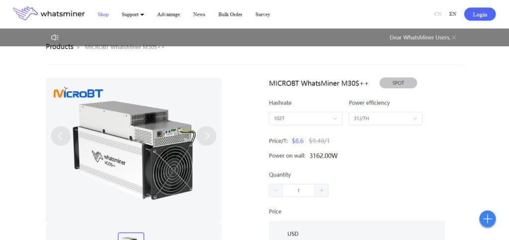 WhatsMiner M30S++ Bitcoin Mining Machines