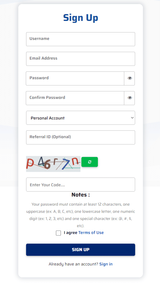 Create an Account: Locate the Sign Up or Register option- this is most often found on the right top corner of the home page.