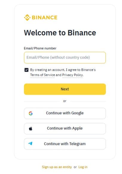 Open an account on Binance