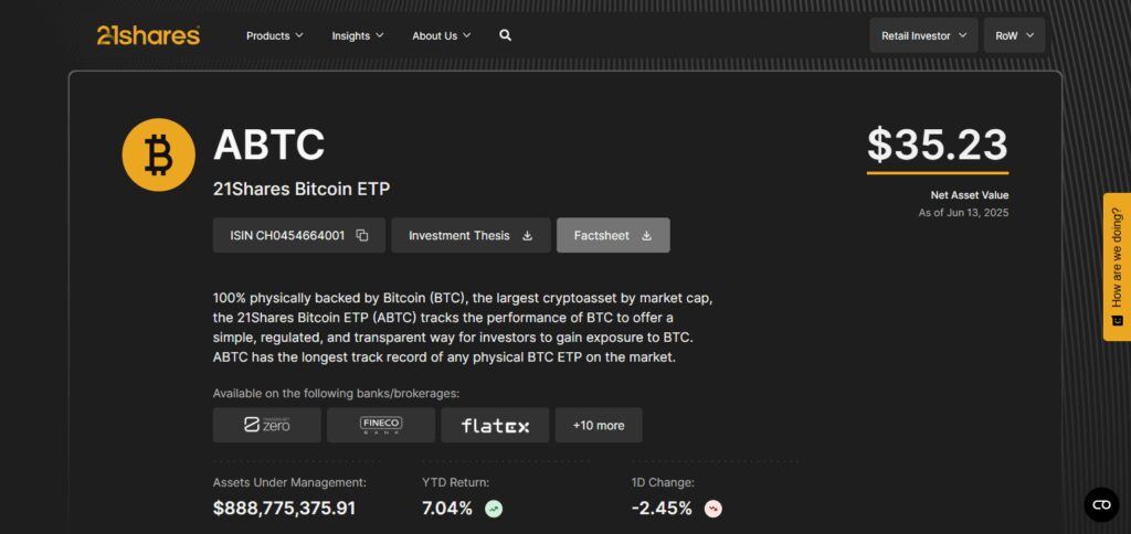 21Shares Bitcoin ETP (CH0454664001)