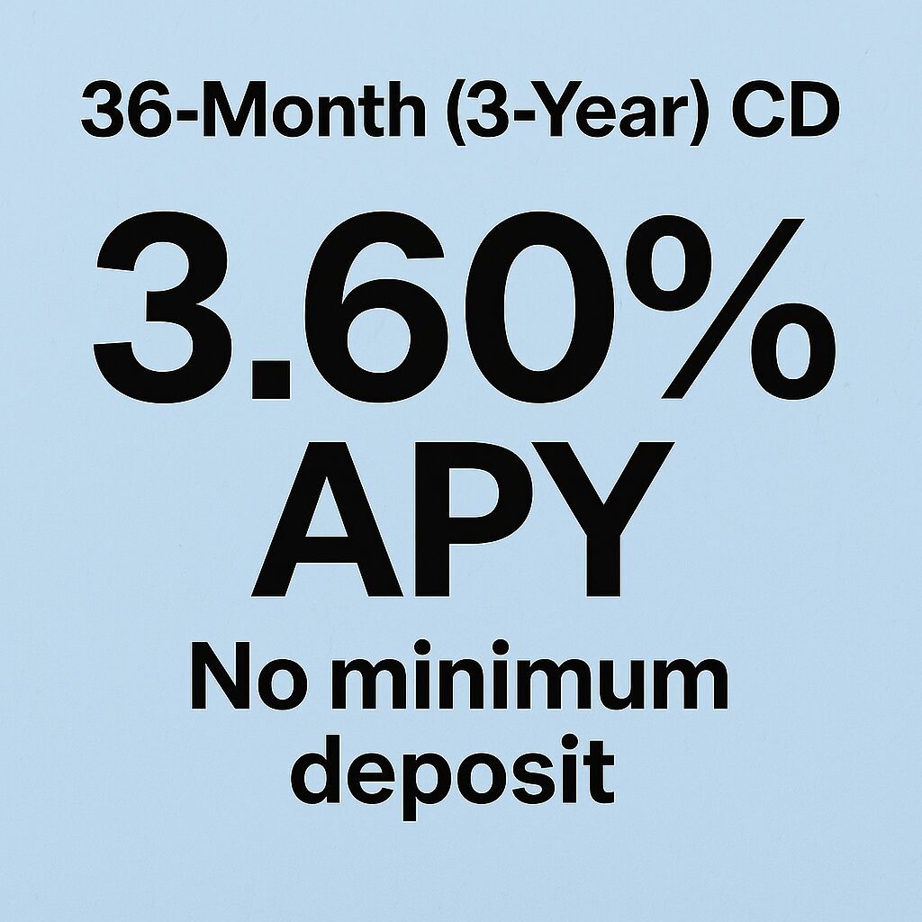 36-Month (3-Year) CD – 3.60% APY, no minimum deposit