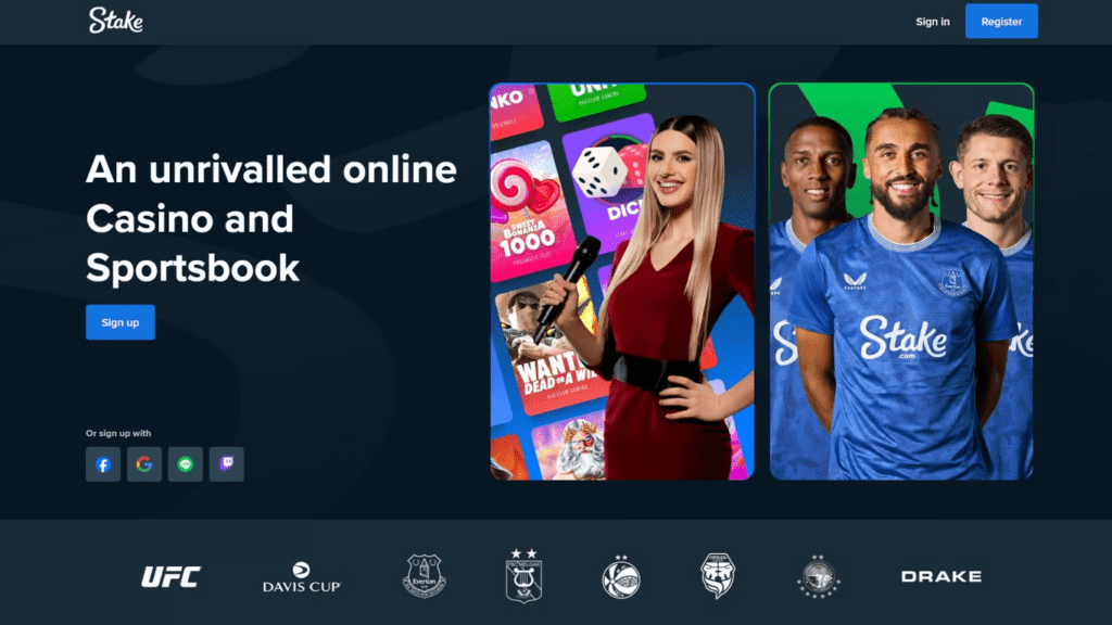 Stake casino platform showing extensive game library and sports betting options.